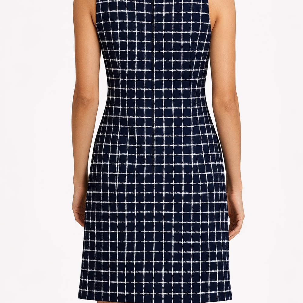J.Crew Navy Textured Grid Shift Dress Size 0 Sleeveless V-Neck Career Preppy - Picture 3 of 12